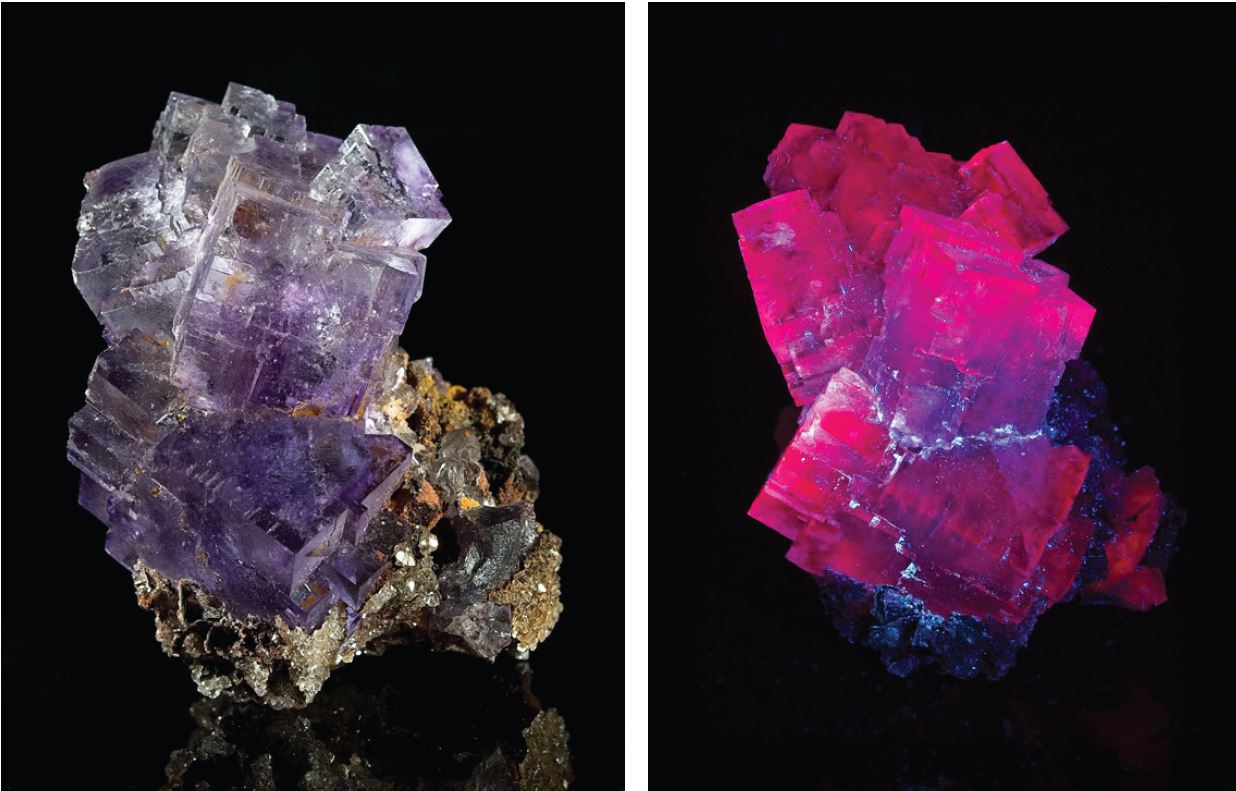 Fluorite from Ojuela Mine, Durango, Mexico (natural & long-wave UV light)