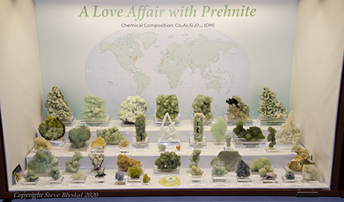 Final Case set up at Tucson Show Case of Prehnite specimens set up at Tucson Show