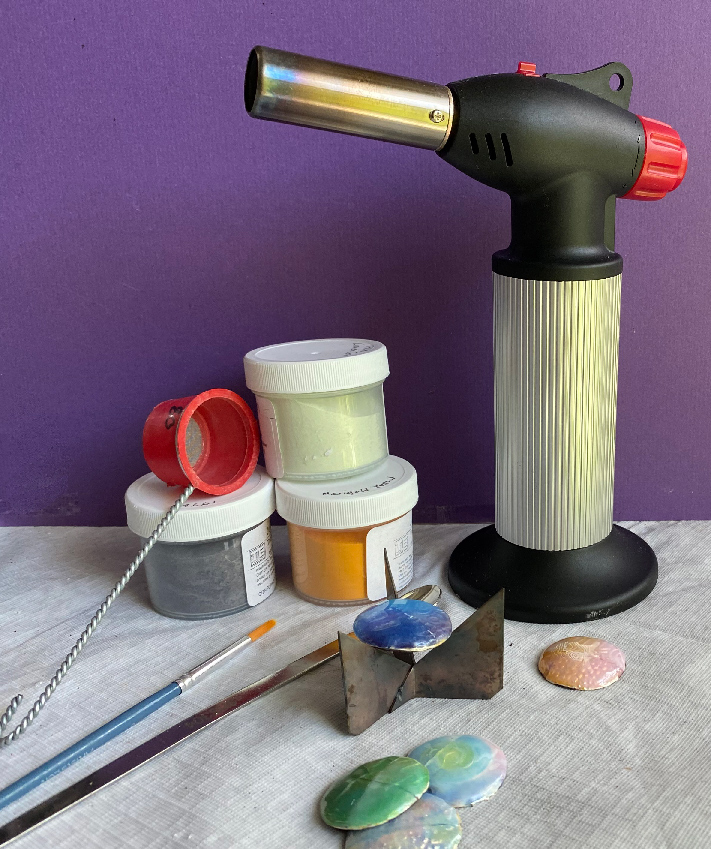Intro to Enamel Class Enamel jewelry making tools and materials including torch